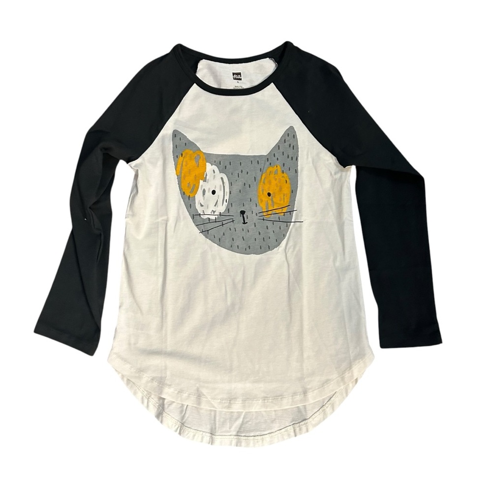 Tea Collection Girls' Black & White Raglan Tee with Gray Cat and Yellow Accents